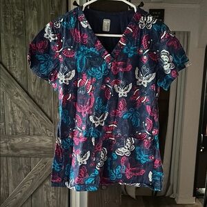 Med Couture Blue and Pink Scrub Top